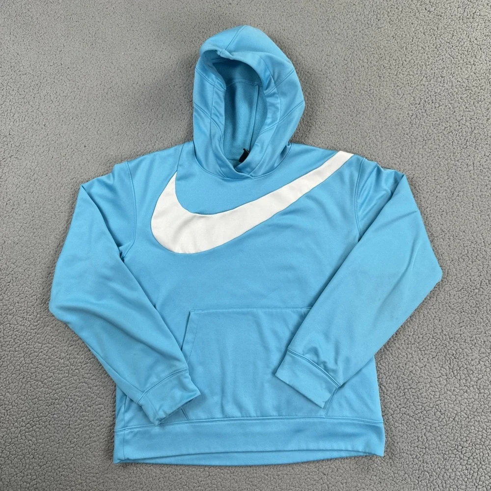 Nike Dri Fit Hoodie Men Medium Blue Big Swoosh Logo Fleece Basketball Pullover